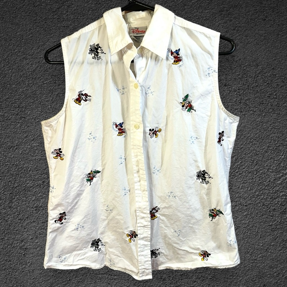 90s Disney Store Mickey Mouse Embroidered Button Down Sleeveless Shirt